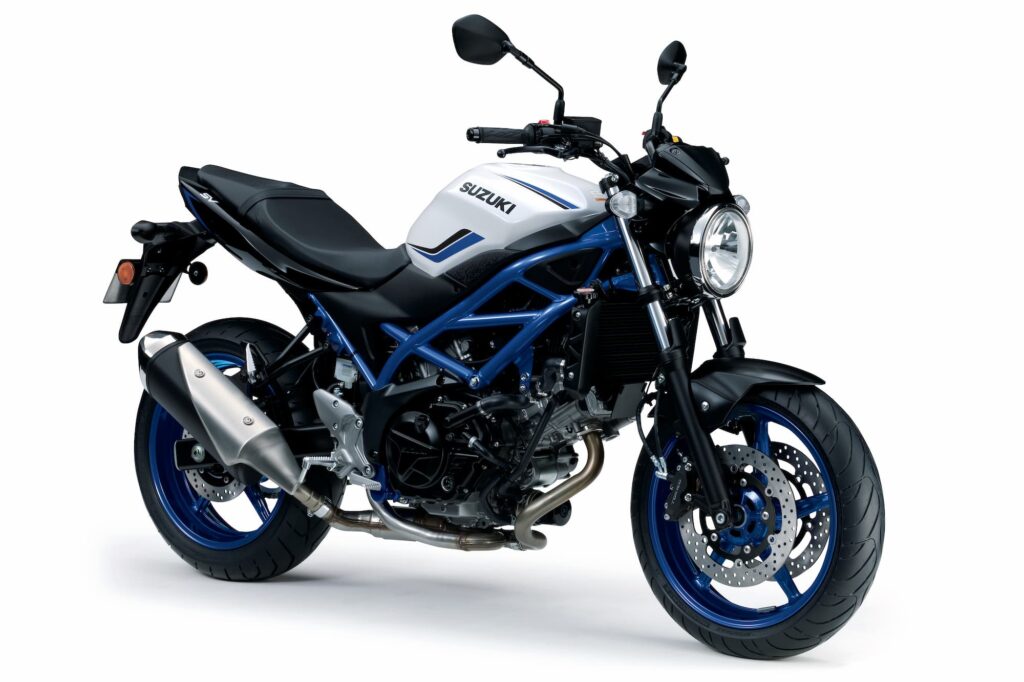 2019 Suzuki SV650 blue frame white tank front quarter studio