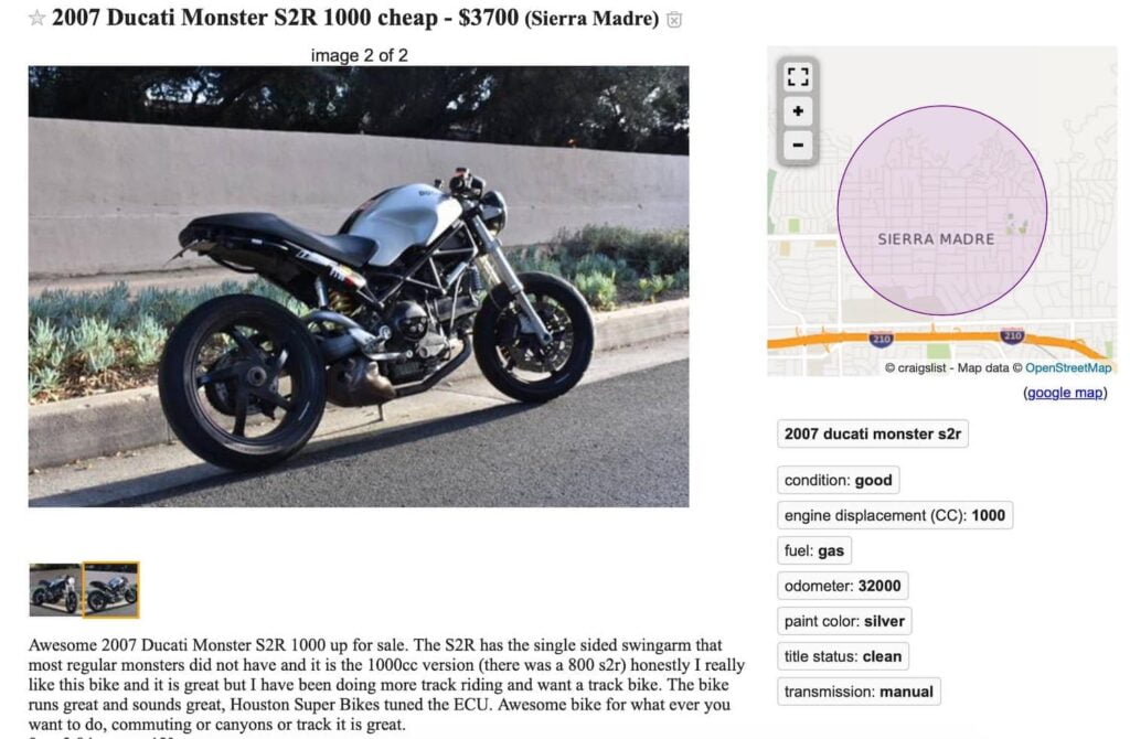 Affordable classic motorcycle Ducati S2R1000 on Craigslist
