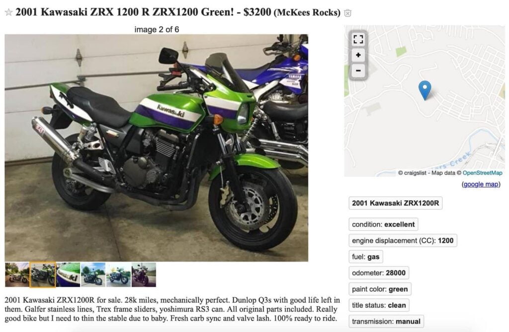 Affordable classic motorcycle Kawasaki ZRX120)R ad on craigslist