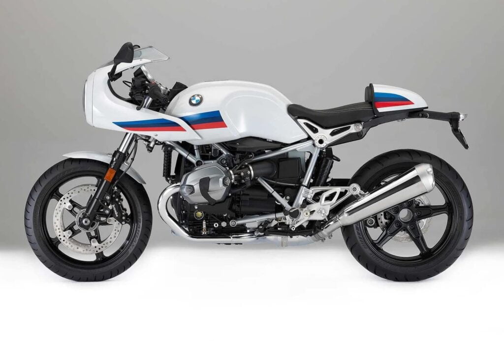 BMW R Nine T racer white - side profile view