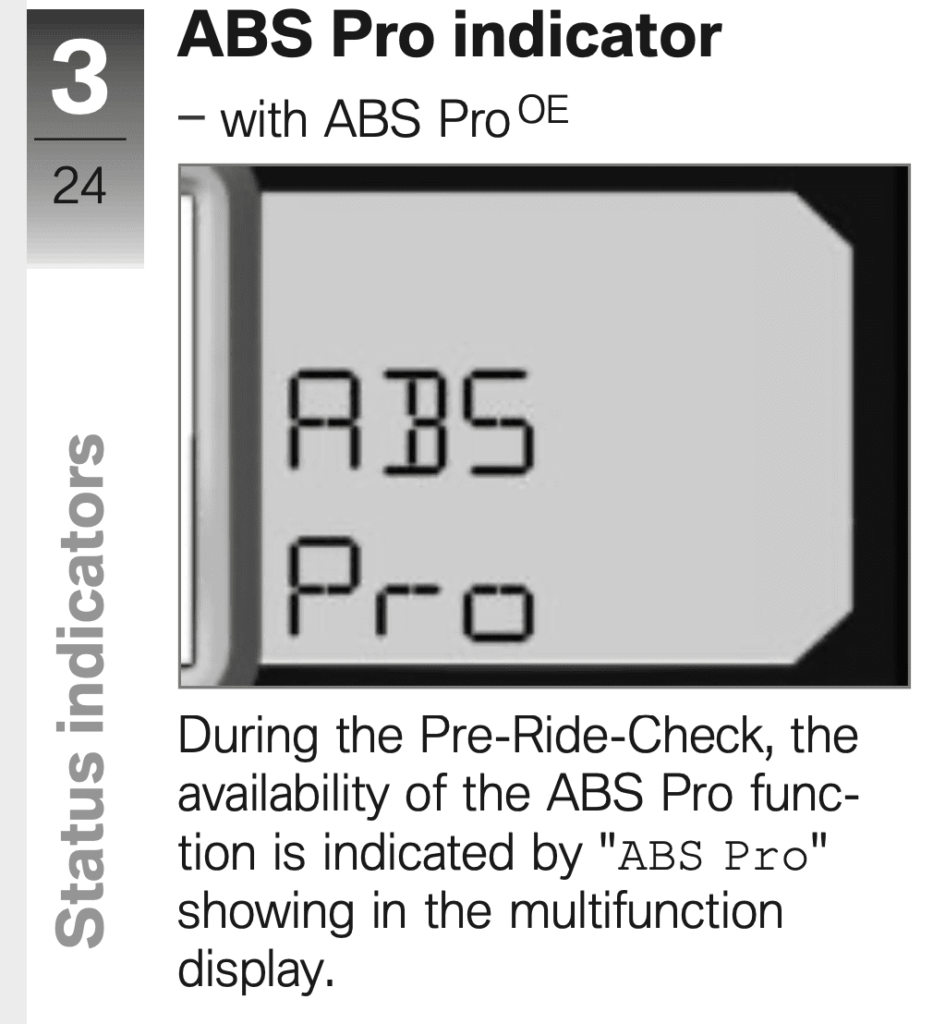 BMW ABS Pro indicator on motorbike at startup