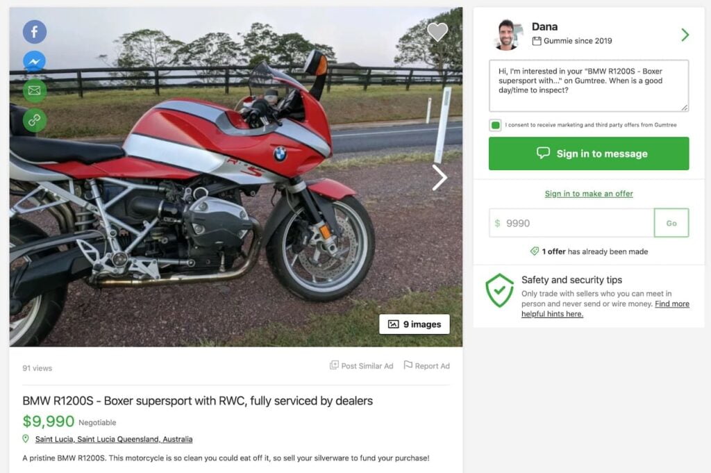 cult motorcycle the BMW R1200S advertised on a local website