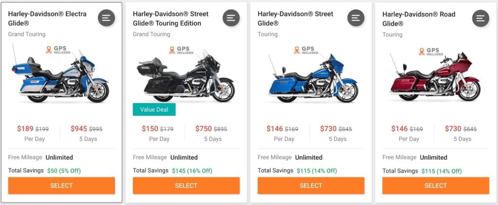 Harley-Davidsons for rent on other motorcycle rental platforms