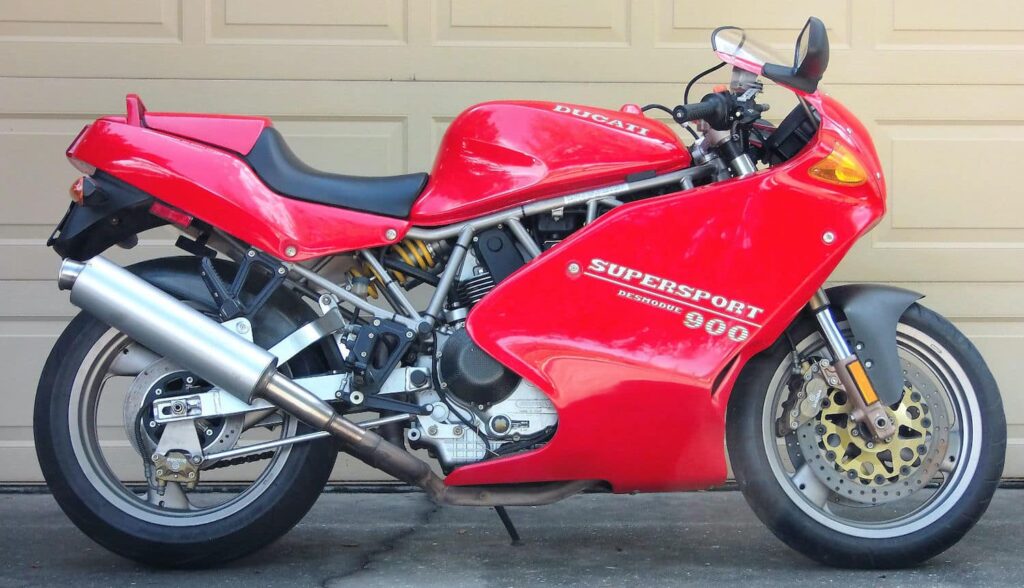 A red Ducati Supersport 900, featured in Song of the Sausage Creature