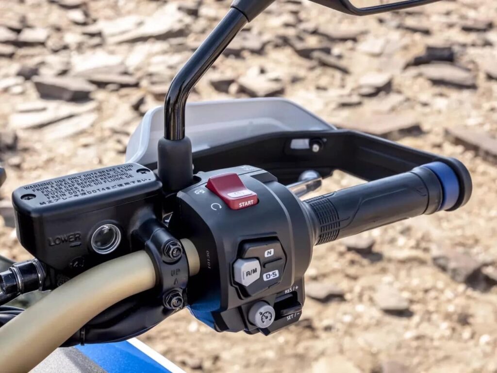 Right hand control cluster buttons of the 2020 Honda Africa Twin showing cruise control