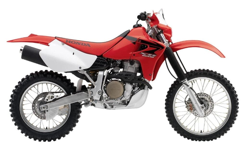 Unmodified and stock Red Honda XR650R - dirt bike that is great for off-road adventure travel