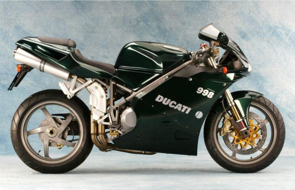 Green Ducati 998 ridden by Trinity in Matrix Reloaded