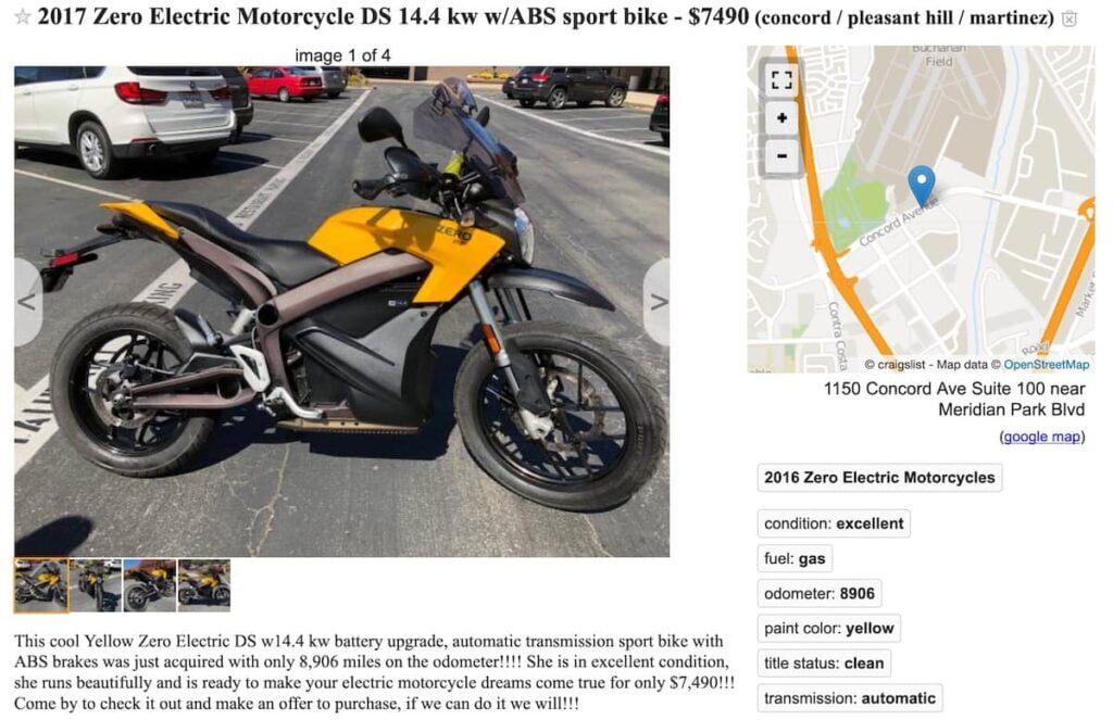 A used Zero SRF on Craigslist showing a huge price drop