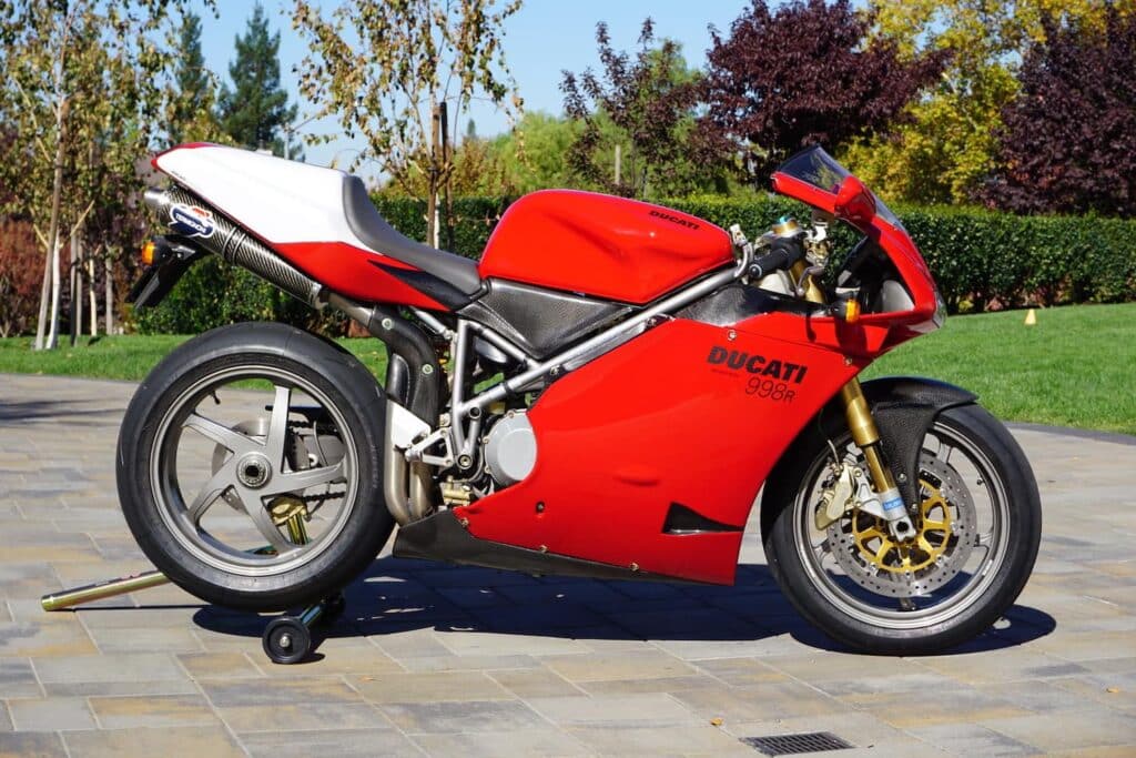 A red Ducati 998R - the ultimate in the line of Ducati 916-inspired motorcycles