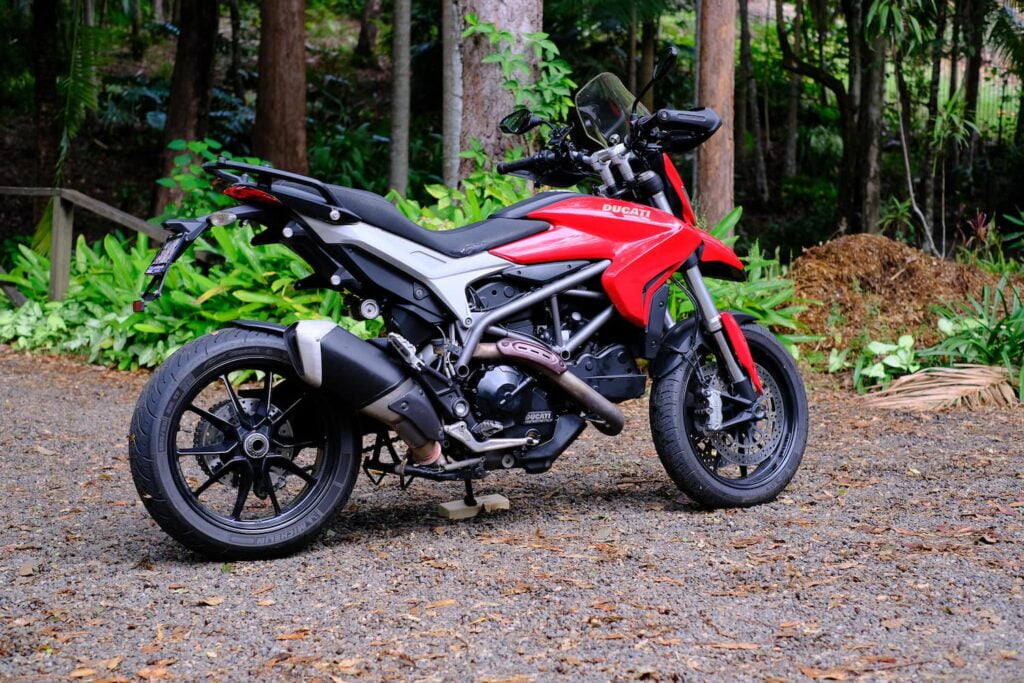 Ducati Hyperstrada 821 on side stand on gravel road