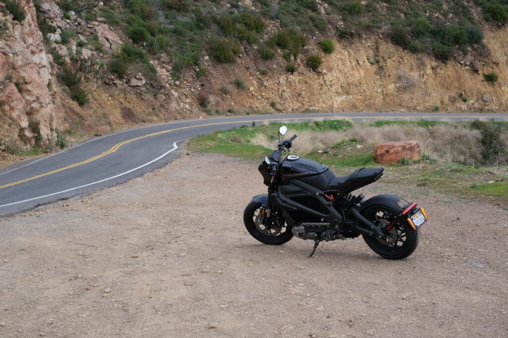 They Harley-Davidson LiveWire parked in the Santa Monica hills