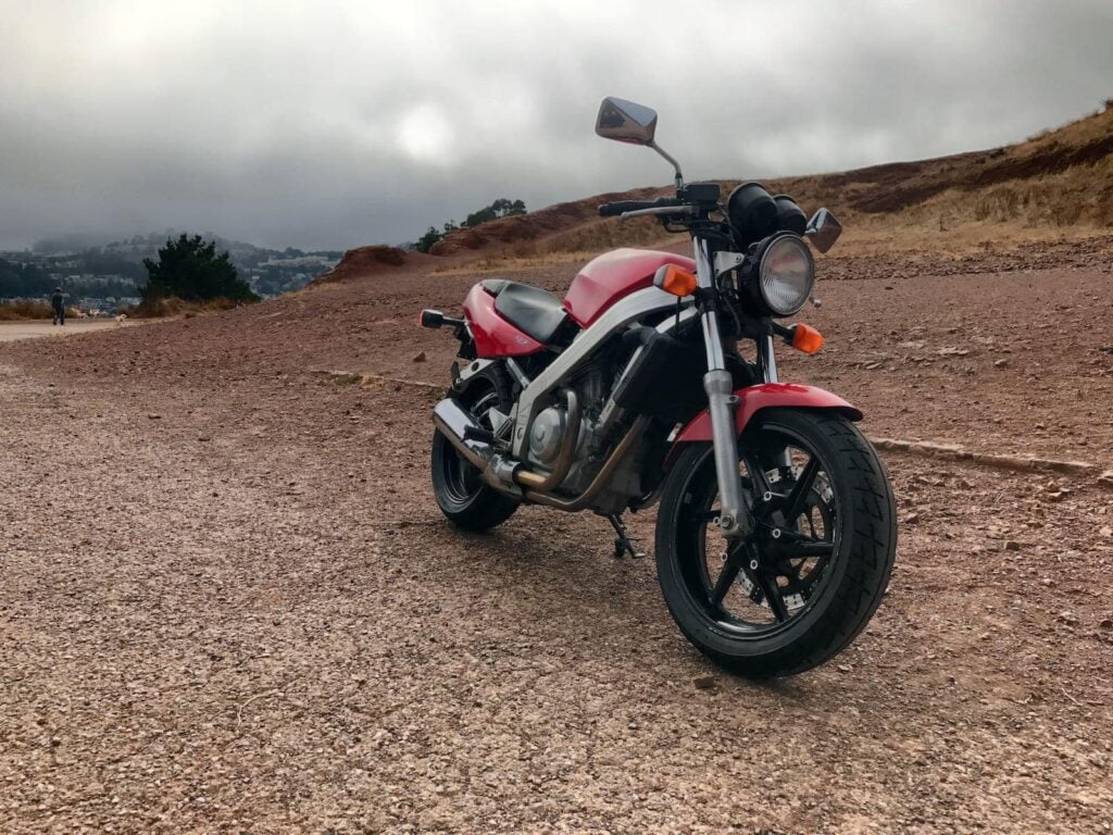 Red Honda Hawk NT650 front diagonal