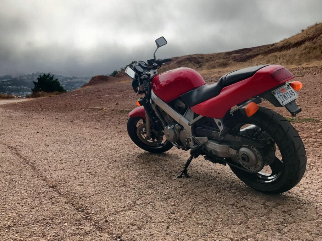 Red Honda Hawk NT650 diagonal photo