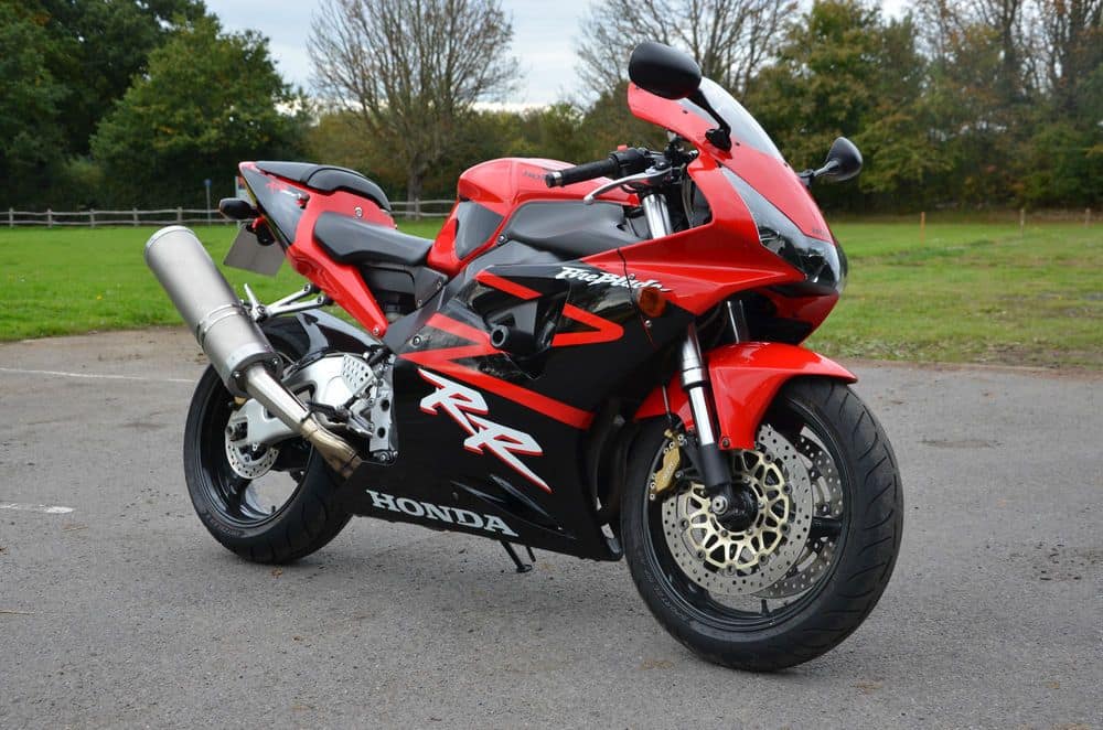 Red and black Honda CBR954RR FireBlade with Micron exhaust