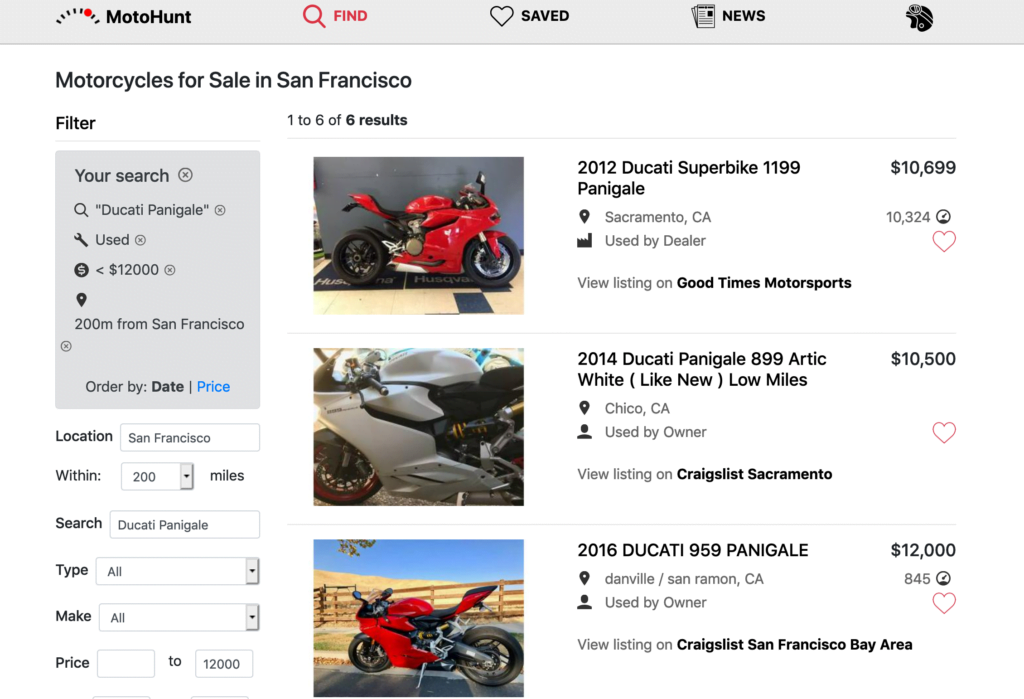 Motohunt motorcycle marketplace listings in San Francisco