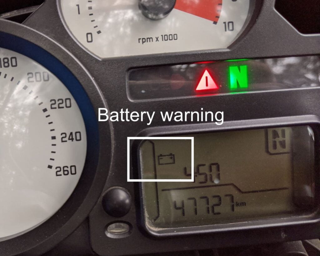 Battery warning light on a BMW motorcycle