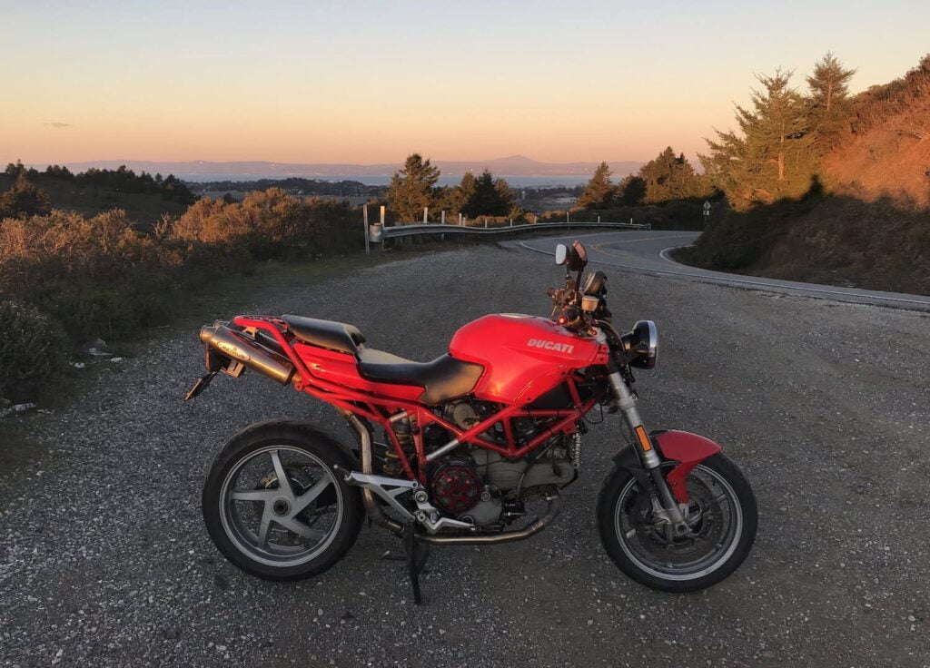 A photo of my naked Ducati Multistrada at sunset