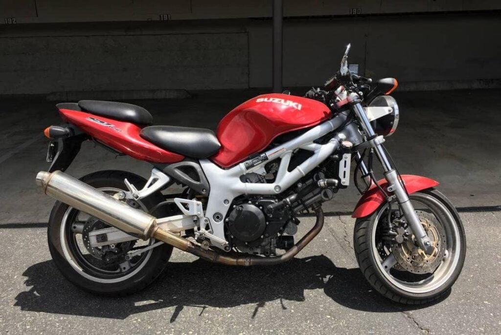 First-generation SV650, red. A great motorcycle to buy used.