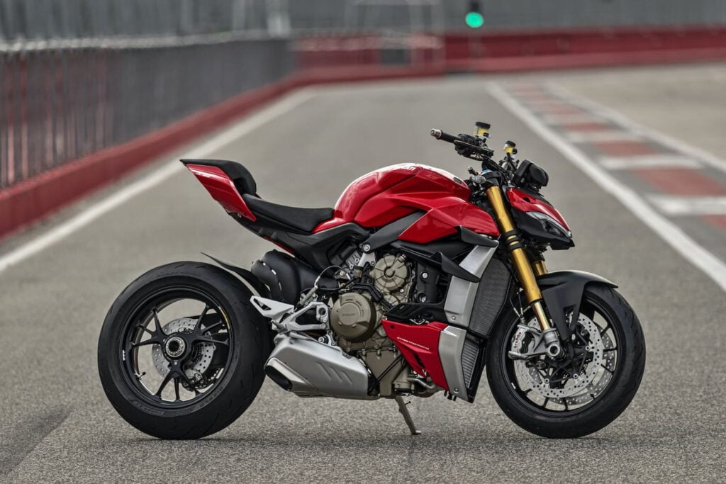 The beautiful Ducati Streetfighter V4 in red, on the track
