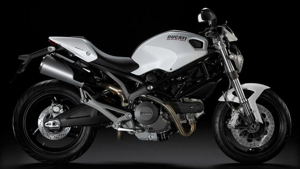 Ducati Monster 696 white tank with black background right hand side studio image