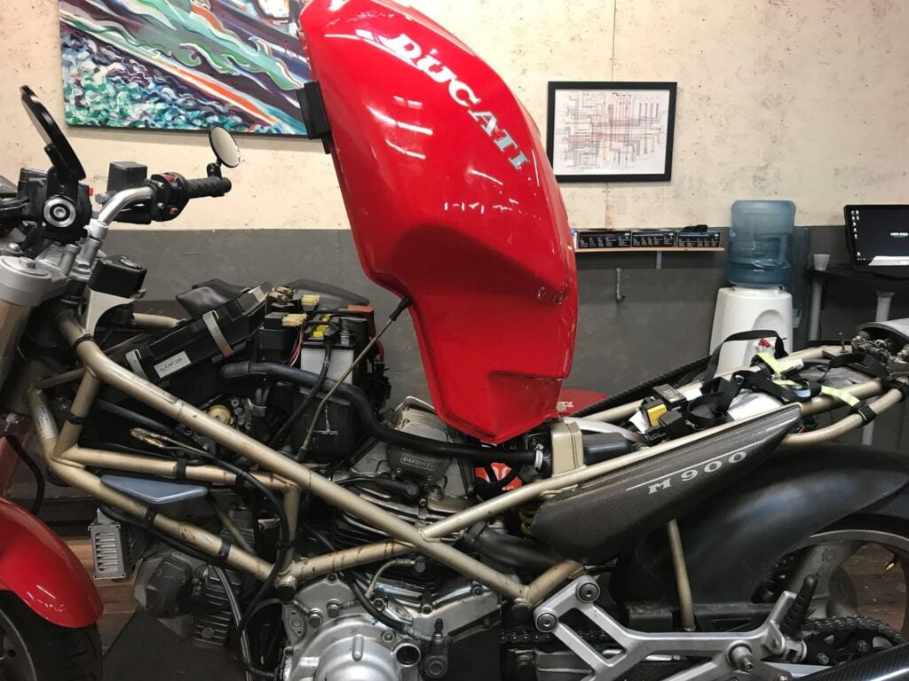 Ducati Monster M900 getting serviced during a class at Moto Guild SF