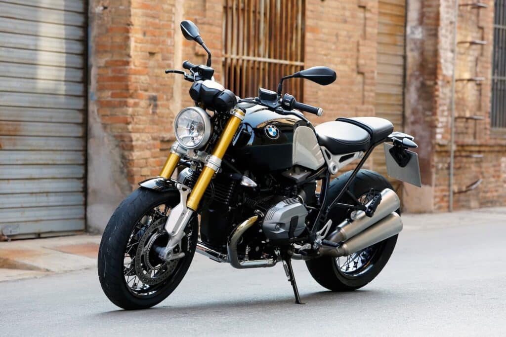 2014 BMW R nineT in urban setting concrete walls