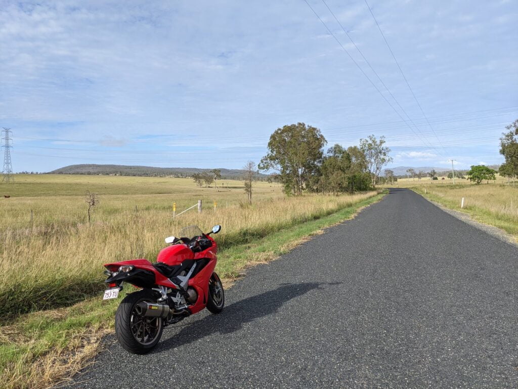 The VFR800 on a country road