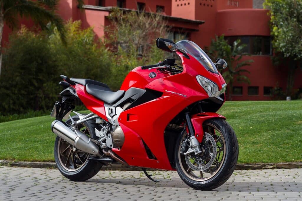 Honda VFR800F deluxe RHS profile in urban setting