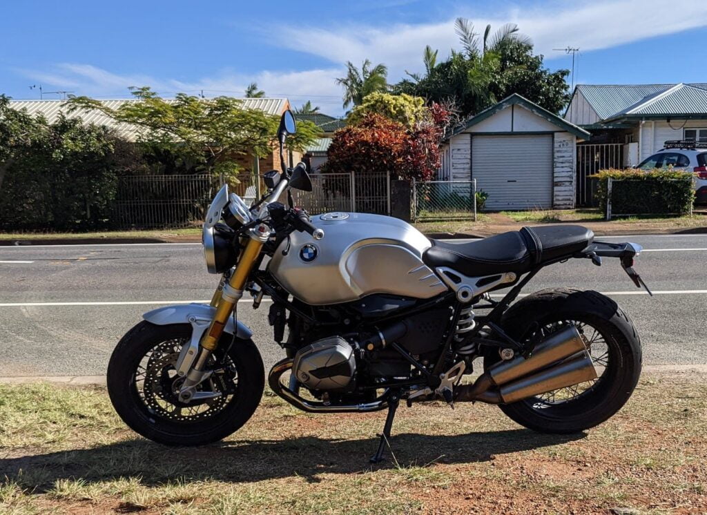 2021 BMW R nineT parked on side of road