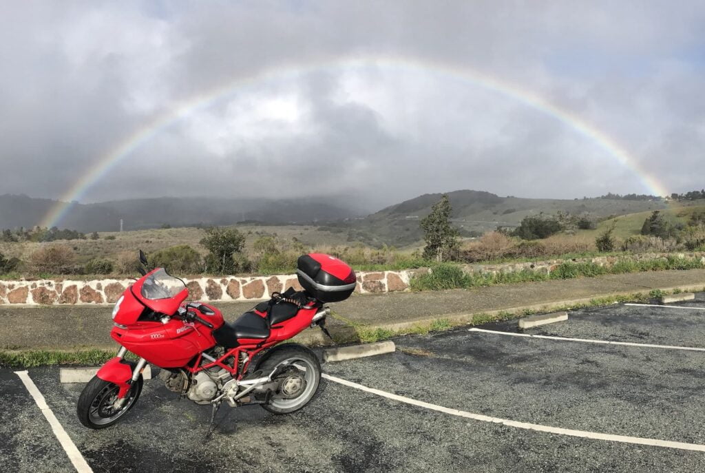 Ducati Multistrada 1000DS under a rainbow