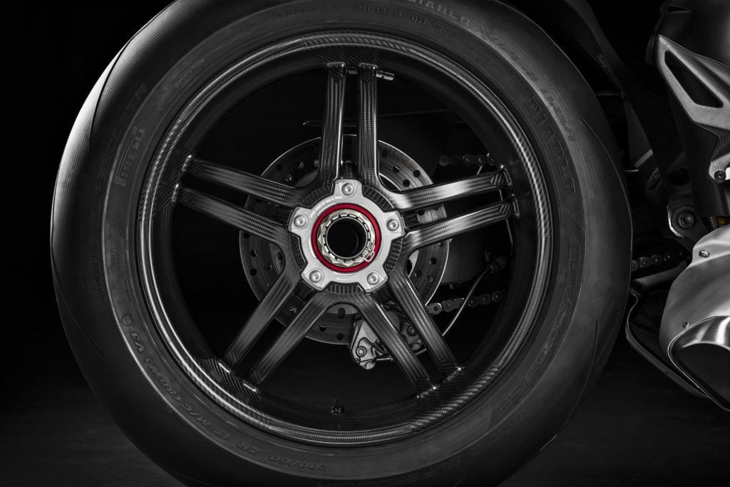 Low unsprung mass carbon fibre wheel on the Panigale V4 SP