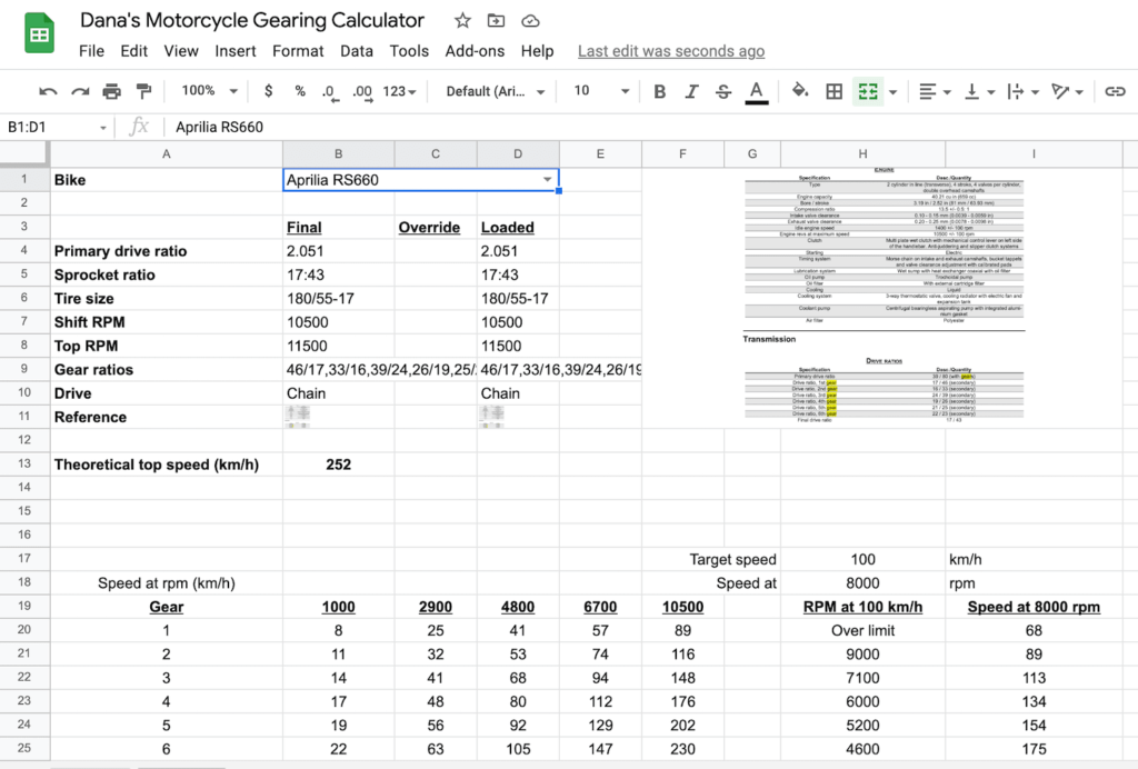 Dana's Motorcycle Gearing Calculator screenshot