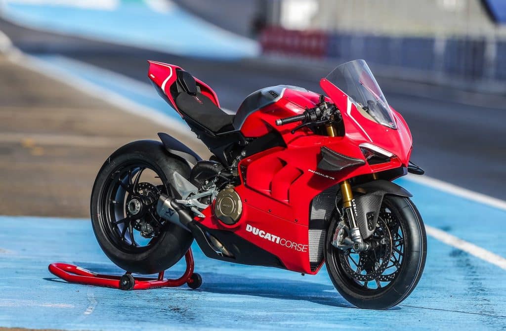 Motorcycle gearing of Ducati Panigale V4 R RHS on track action