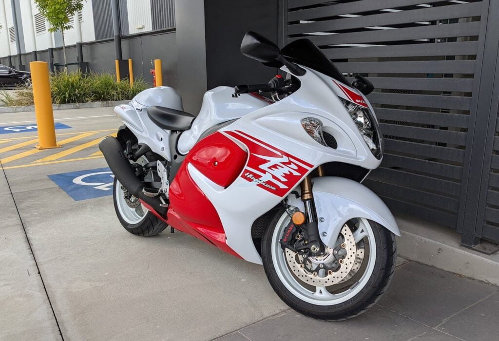 Red and white Suzuki Hayabusa parked