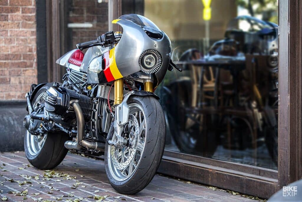 JSK Moto — Autobahn Racer — R nineT Cafe Racer inspiration - rhs next to shop window