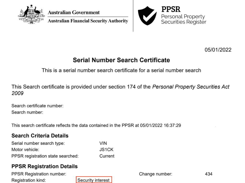 PPSR search result - encumbrance on title