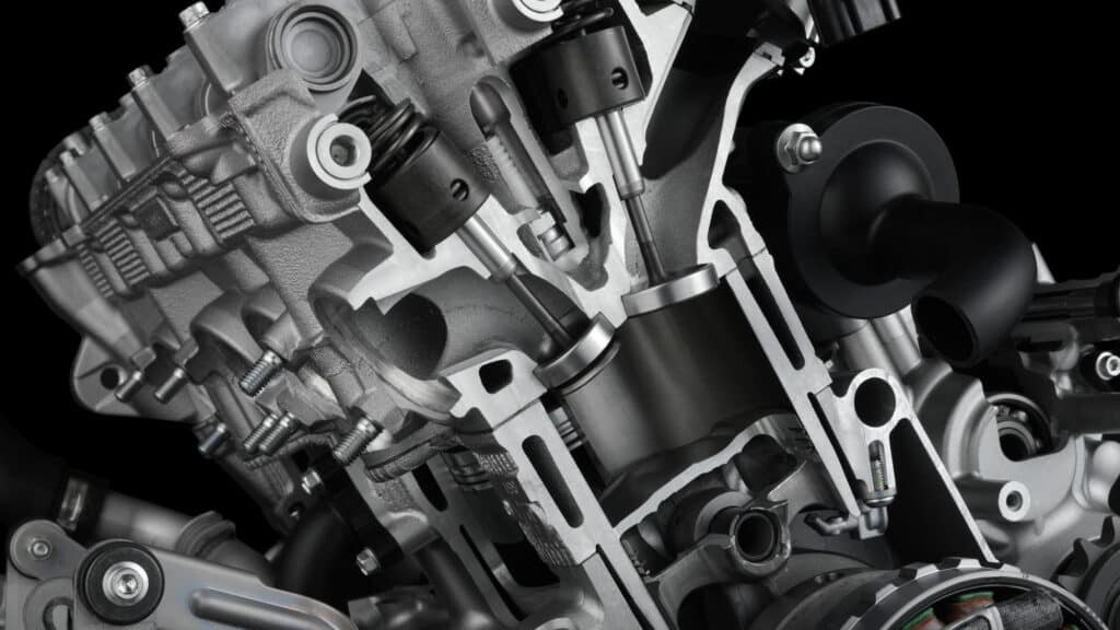 X-ray of 2015+ Yamaha YZF-R1 engine block showing valves 