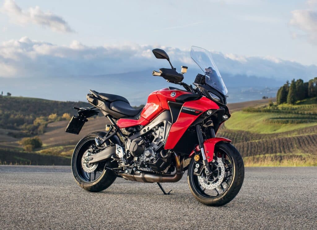 2021 Yamaha Tracer 9 Red RHS against rolling hills