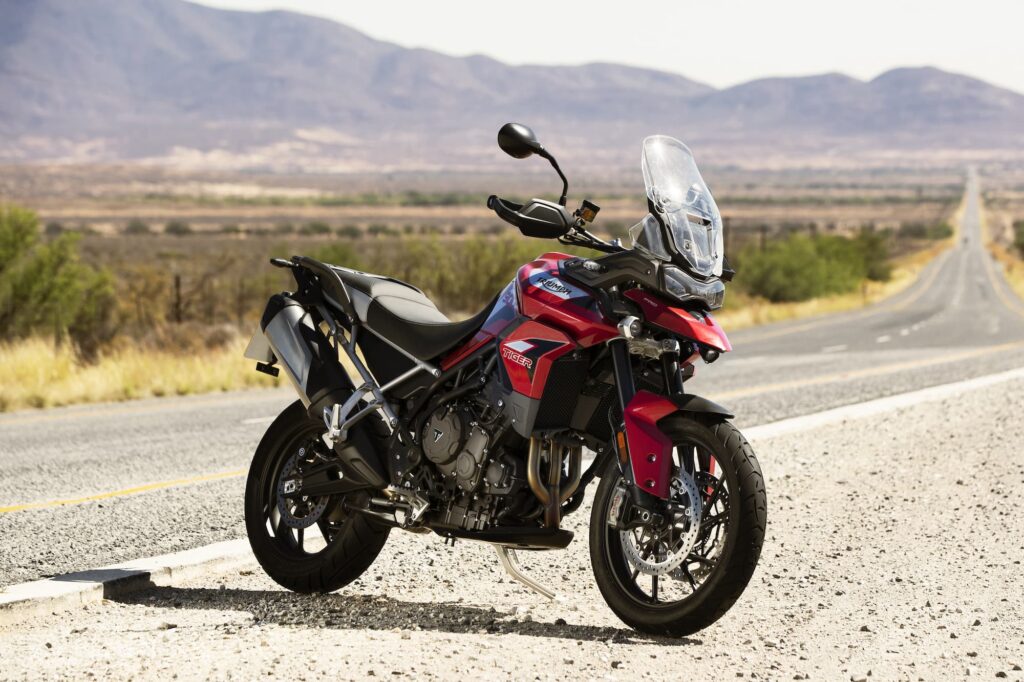 Triumph Tiger 900 GT Pro Red RHS against long road