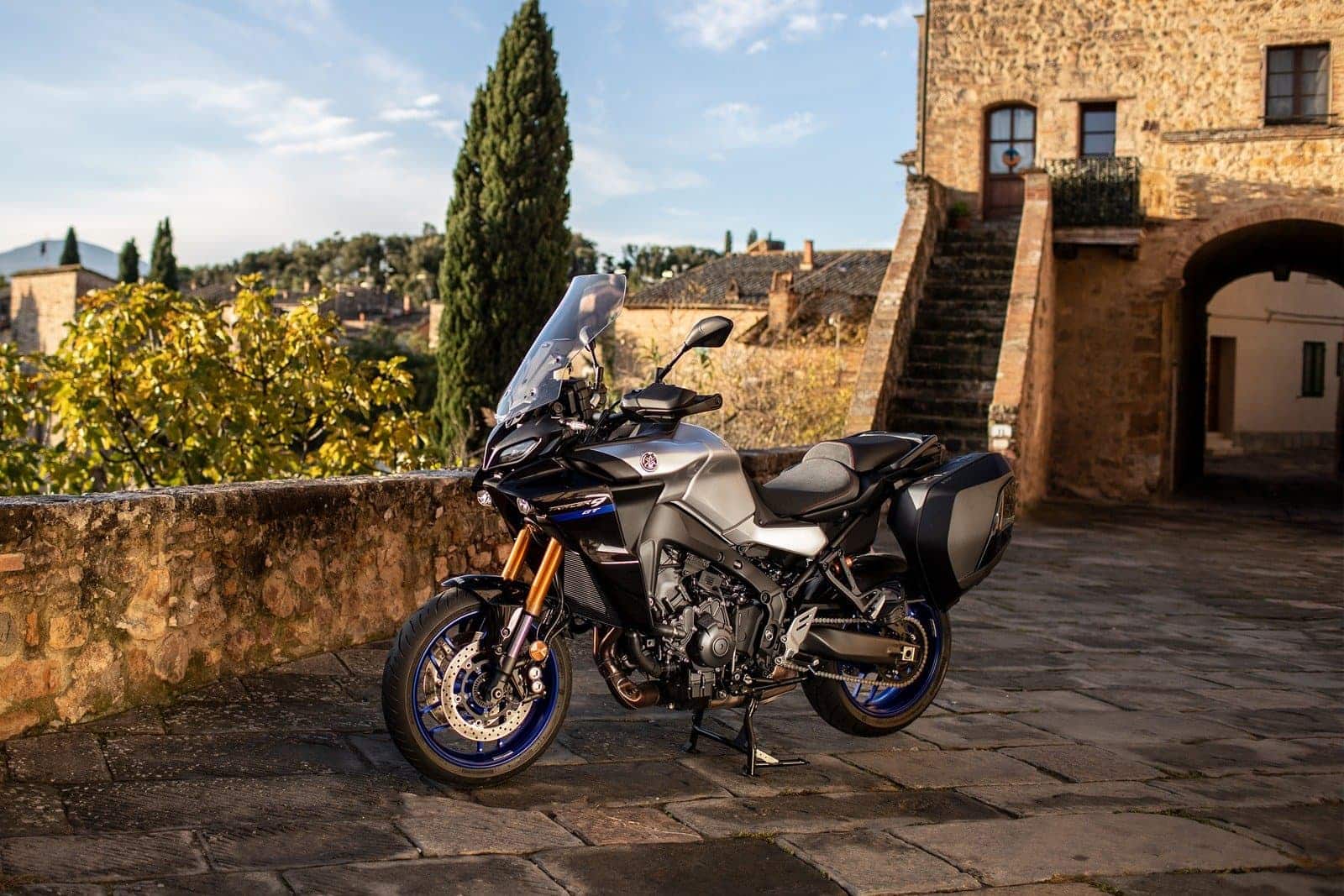 Yamaha Tracer 9 GT parked in european castle