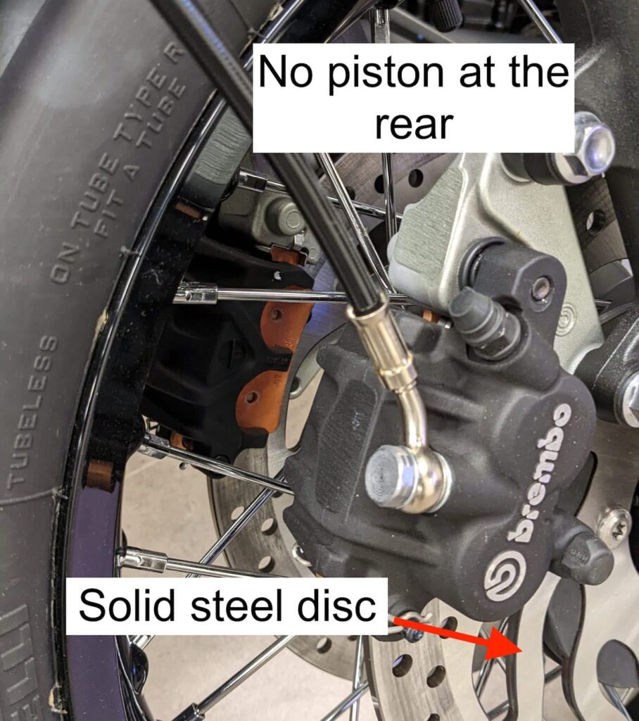 Triumph T120 2-piston calipers on solid steel disc web