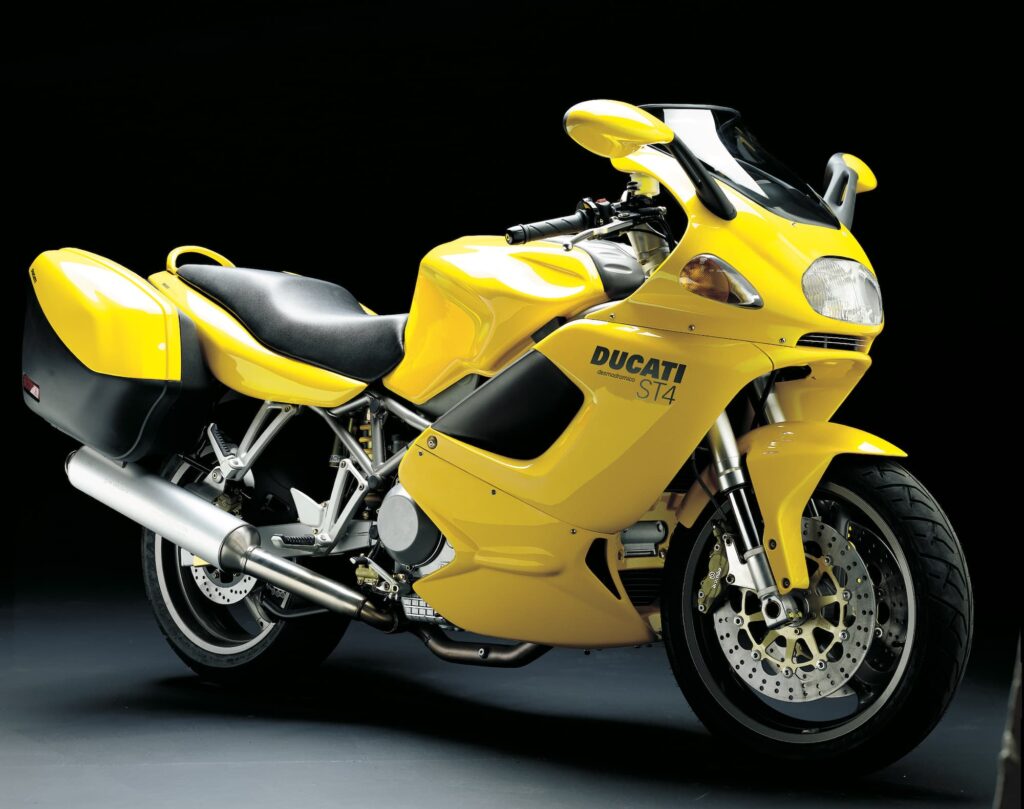 Yellow Ducati ST4 with luggage