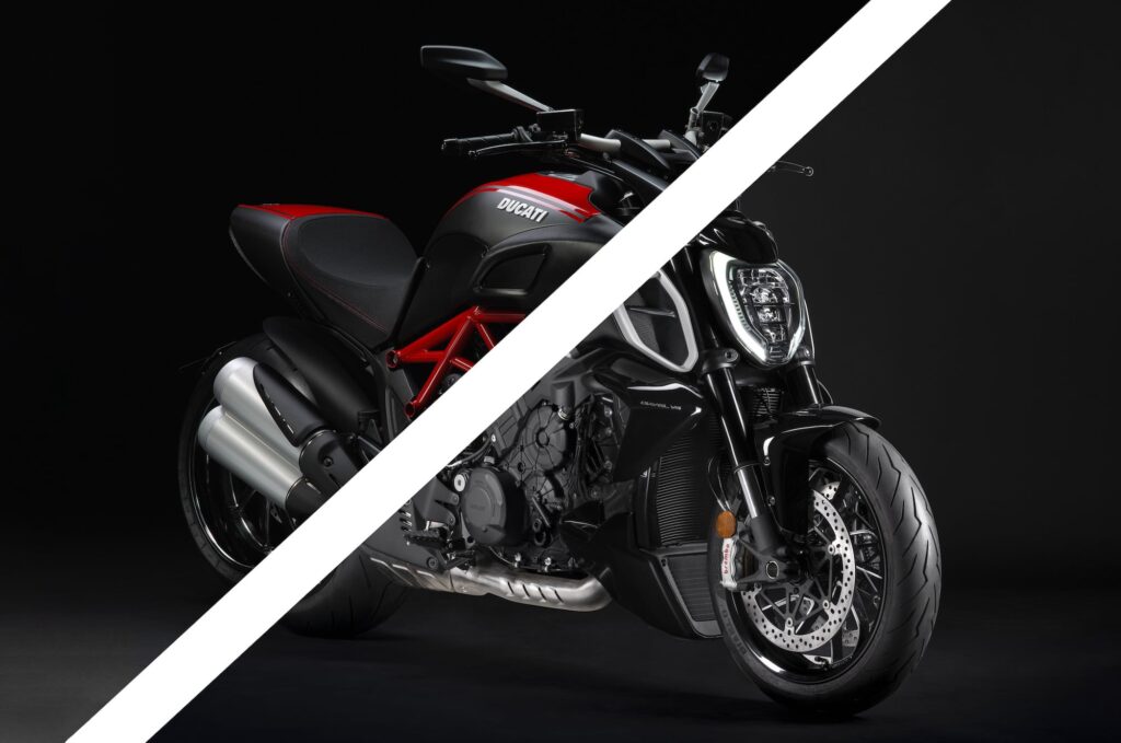 Ducati Diavel Buyers Guide Cover Image showing 2011 model and 2023 spliced by white line