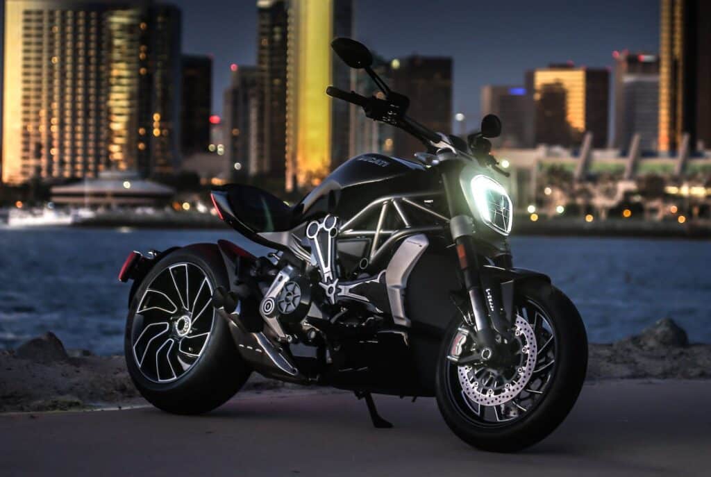 Ducati XDiavel parked night time city view