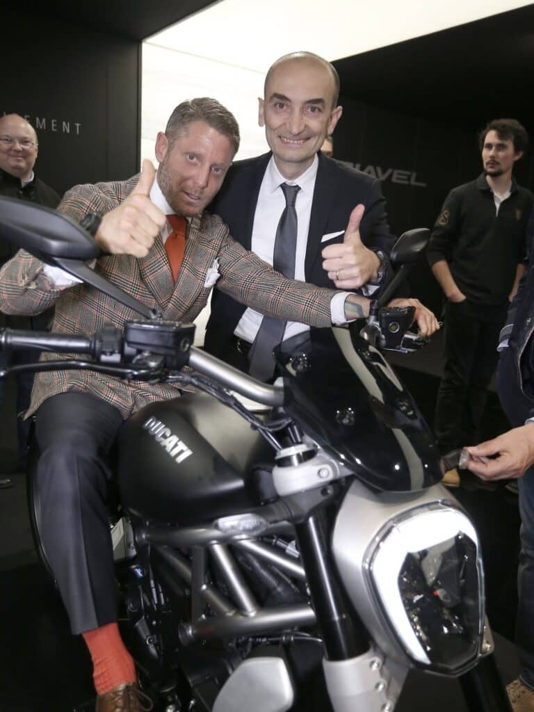 Lapo Elkann and Claudio Domenicali with the Ducati XDiavel at the 2015 EICMA