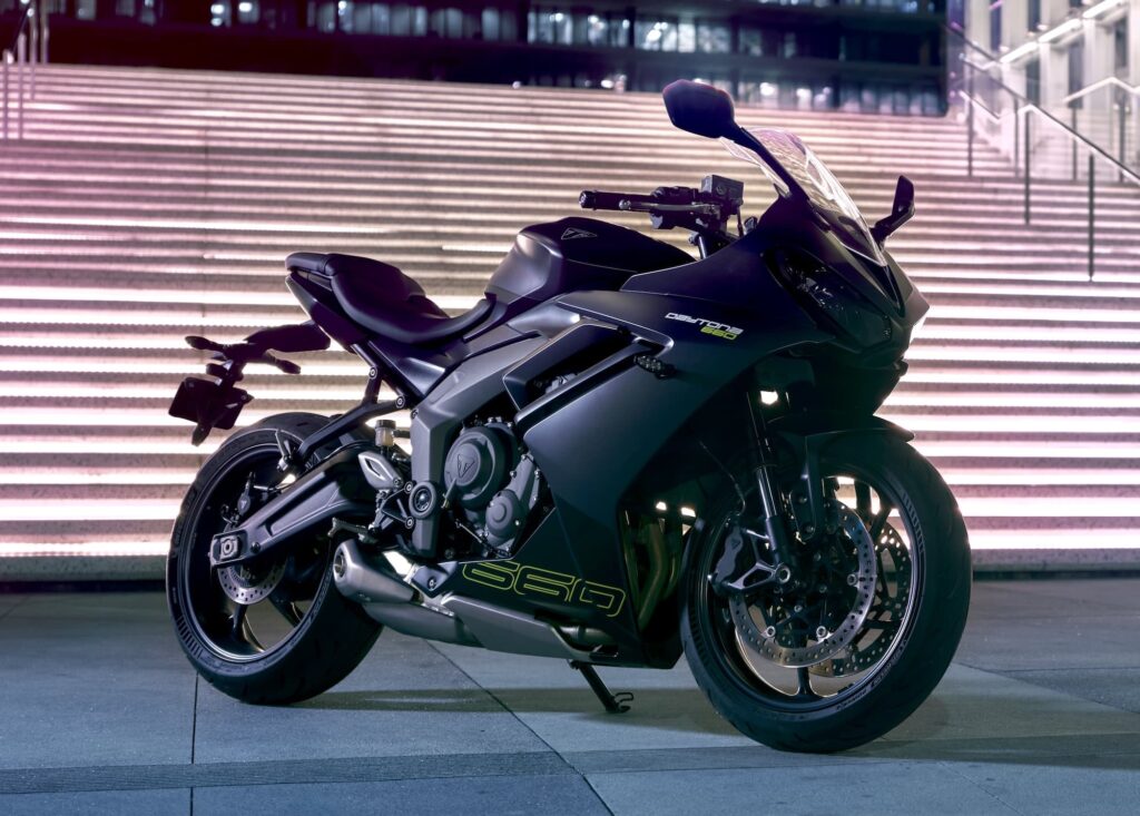 Triumph Daytona Model History and Buyer’s Guide (1967-2026) 21 Black 2024 Triumph Daytona 660, right-front outdoor view