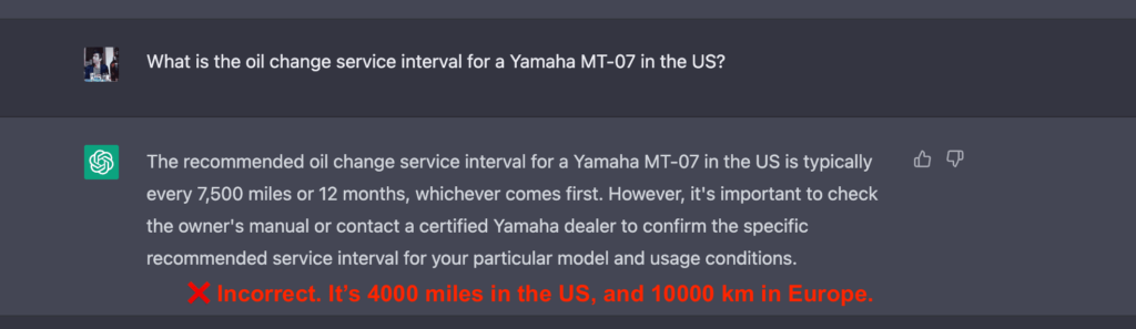 ChatGPT error in motorcycle maintenance service interval