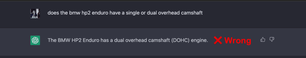 ChatGPT incorrectly thinking a BMW HP2 Enduro has a dual overhead camshaft