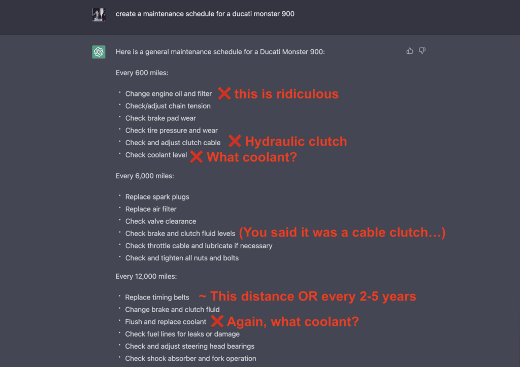 ChatGPT-produced motorcycle maintenance schedule with many errors