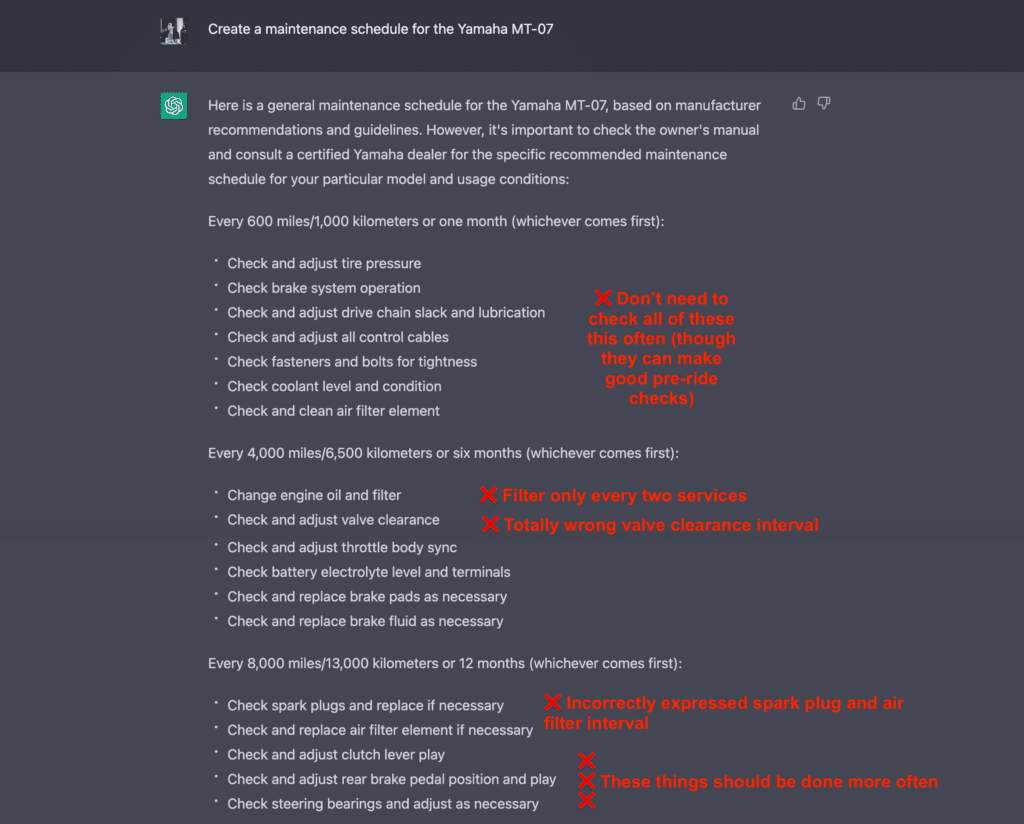 Yamaha MT-07 incorrect maintenance schedule by ChatGPT